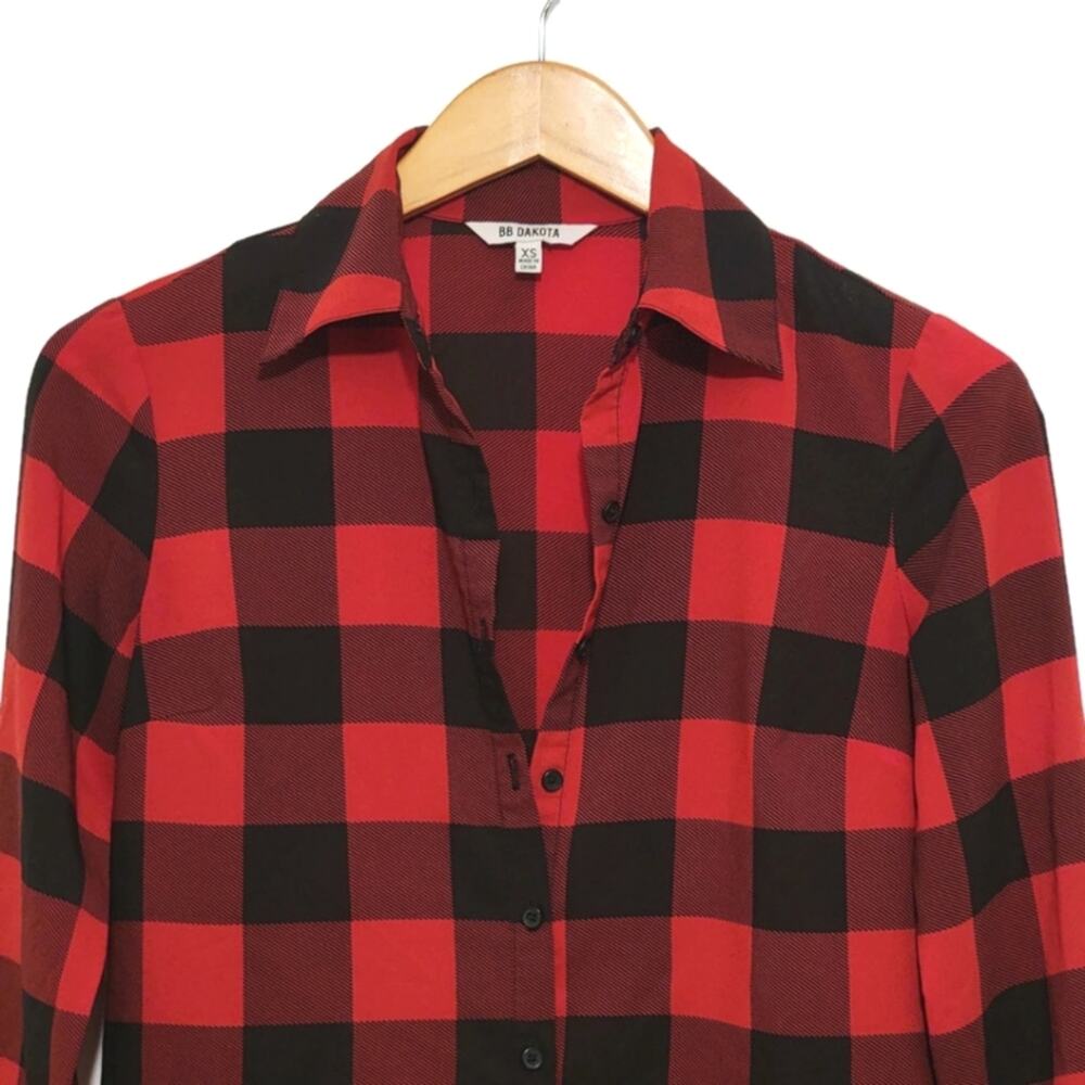 BB Dakota Buffalo Plaid Button Down Tunic Shirt Red Black XS Preppy - Picture 3 of 13